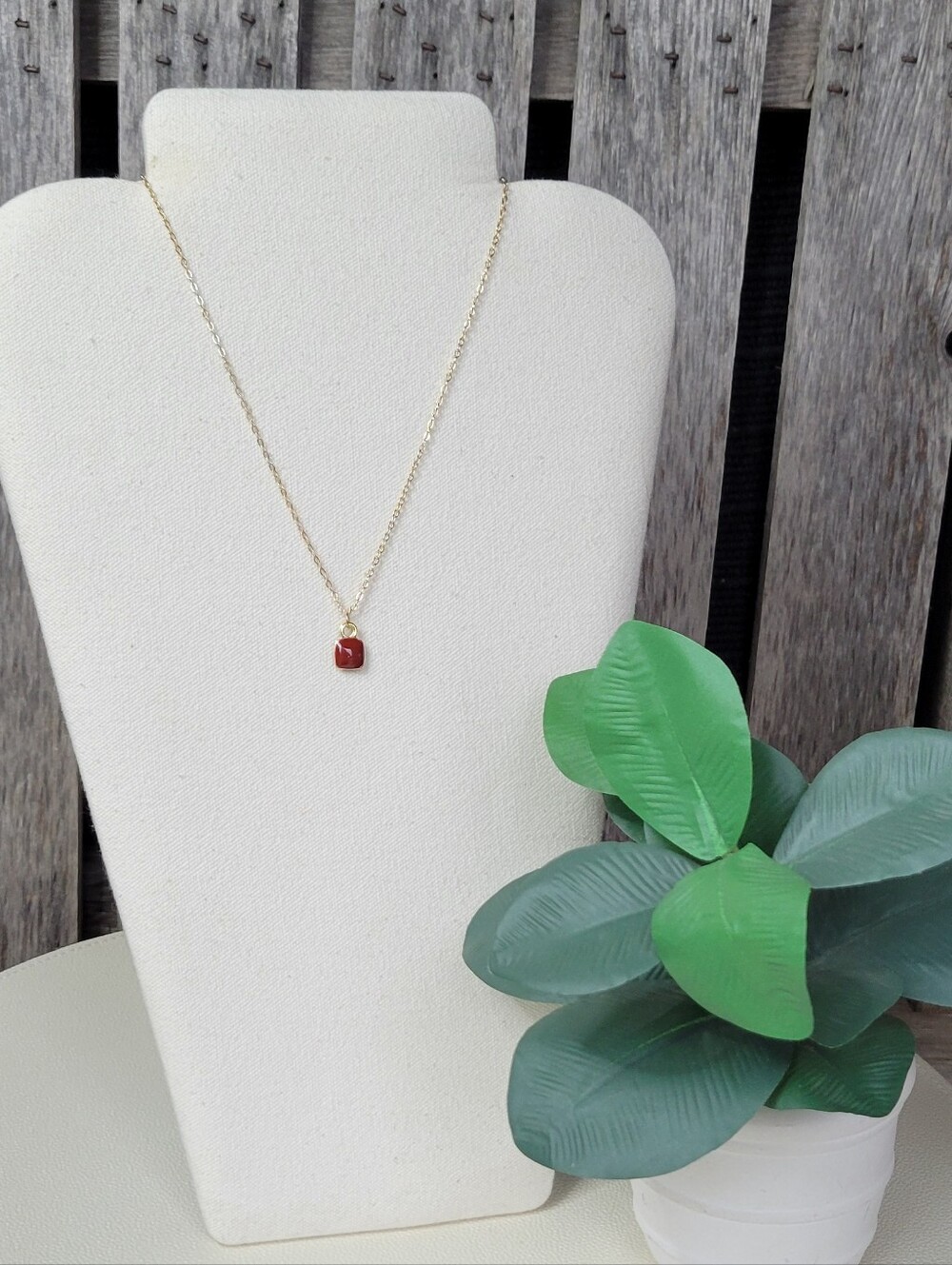 Gold Chain Necklace with Dark Red Opqaque Stone Pendant - Women's Jewelry - Picture 4 of 4